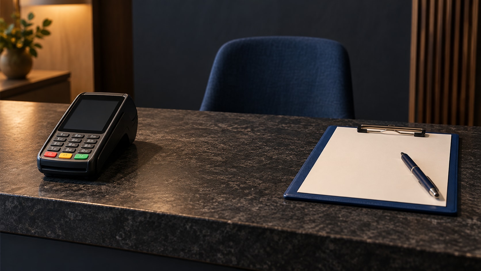 A payment terminal and a separate blue clipboard on a counter, with an empty chair behind them.