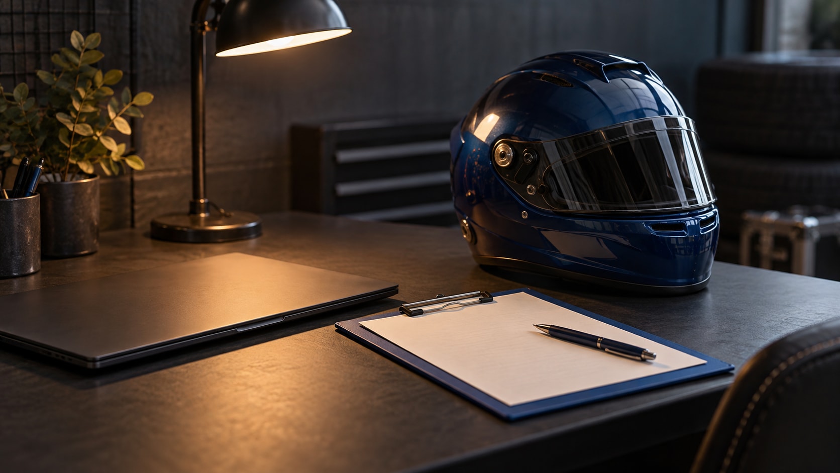 A blue motorsport helmet, clipboard and closed laptop arranged on an uncluttered desk.