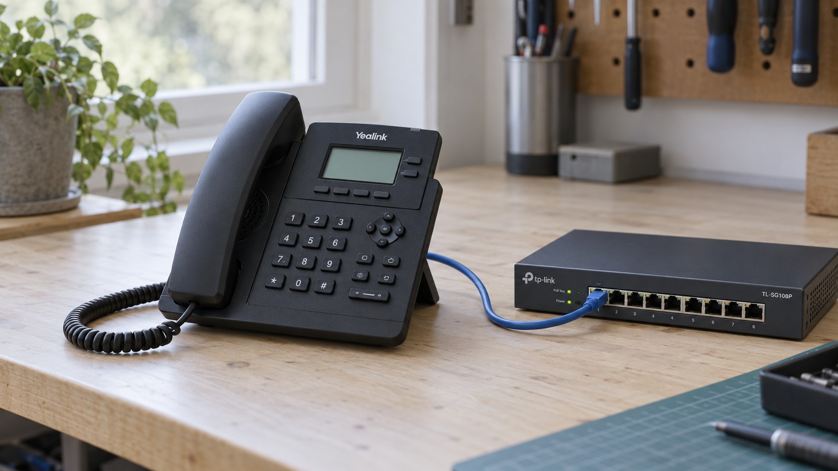 A Yealink desk phone on a workbench, connected by a single network cable to a PoE switch.