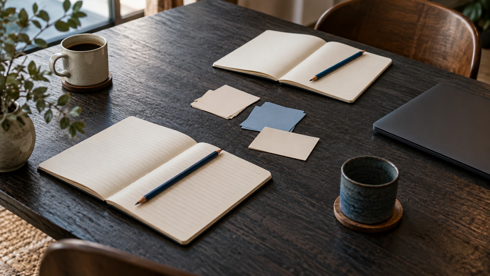 Two notebooks and blue pencils arranged across a planning table, with blank cards and a laptop set aside.