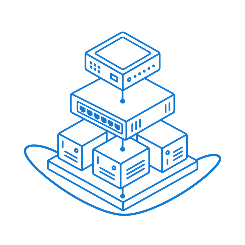 A layered router, network switch and server stack connected by a blue path that subtly suggests a canoe hull.