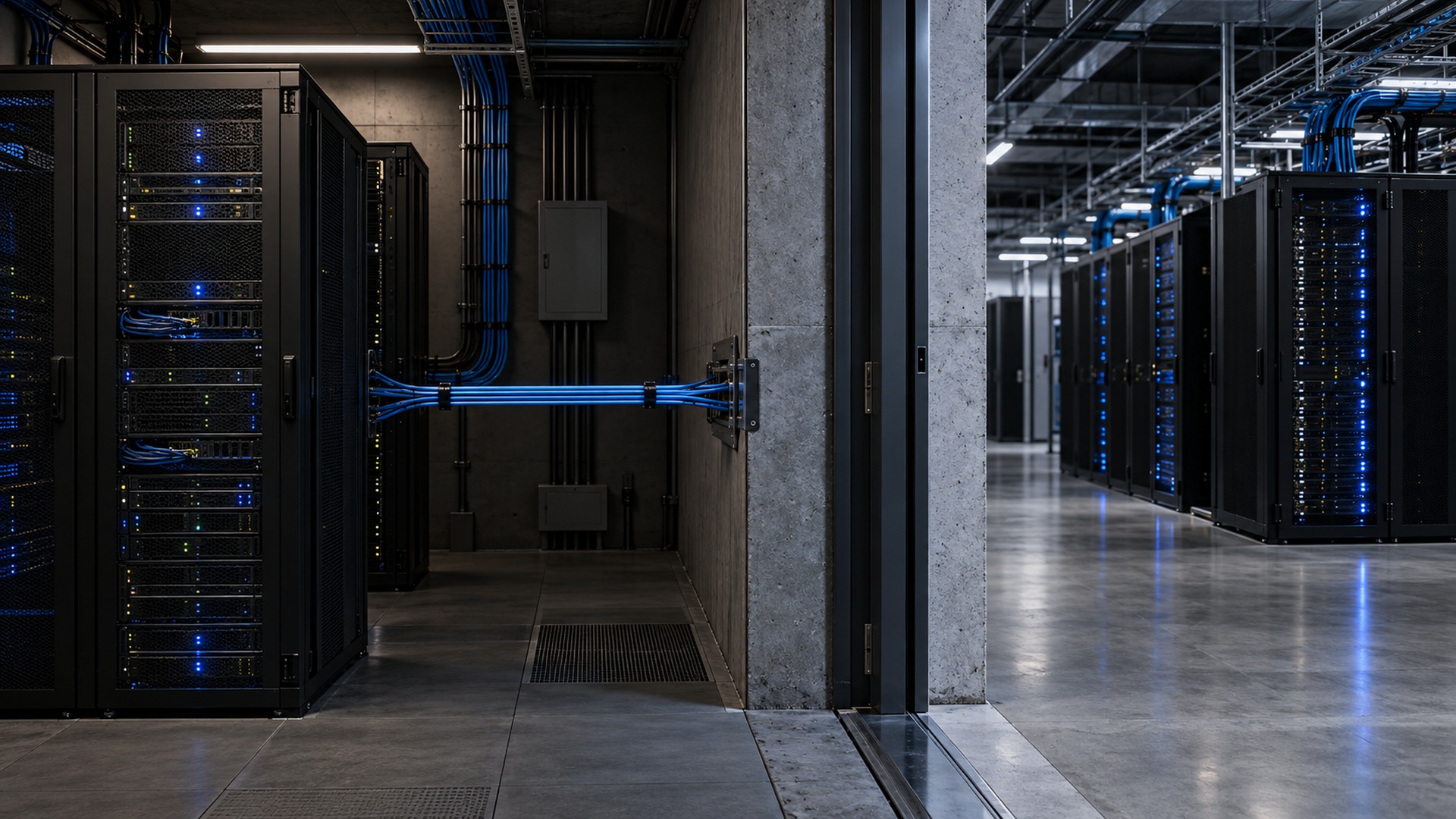 A private server rack connected by blue cabling across a physical boundary to larger public infrastructure racks.