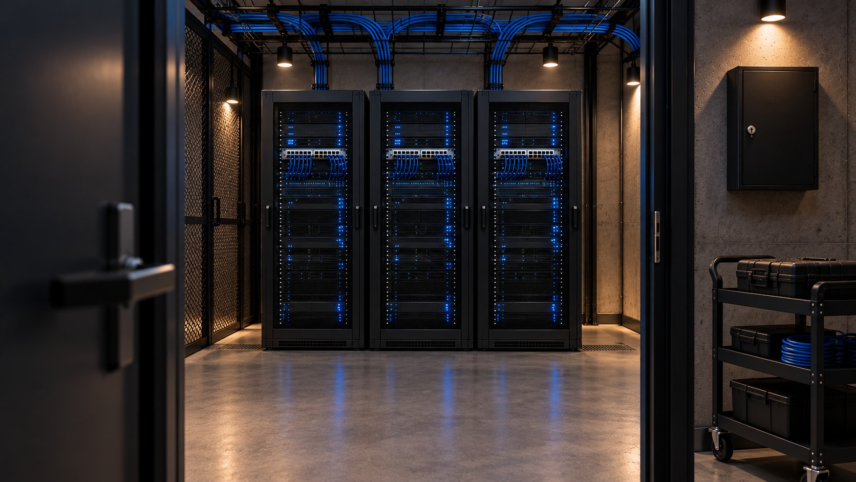 An open doorway into an orderly server room, with three closed racks, blue cabling and a parked equipment trolley.
