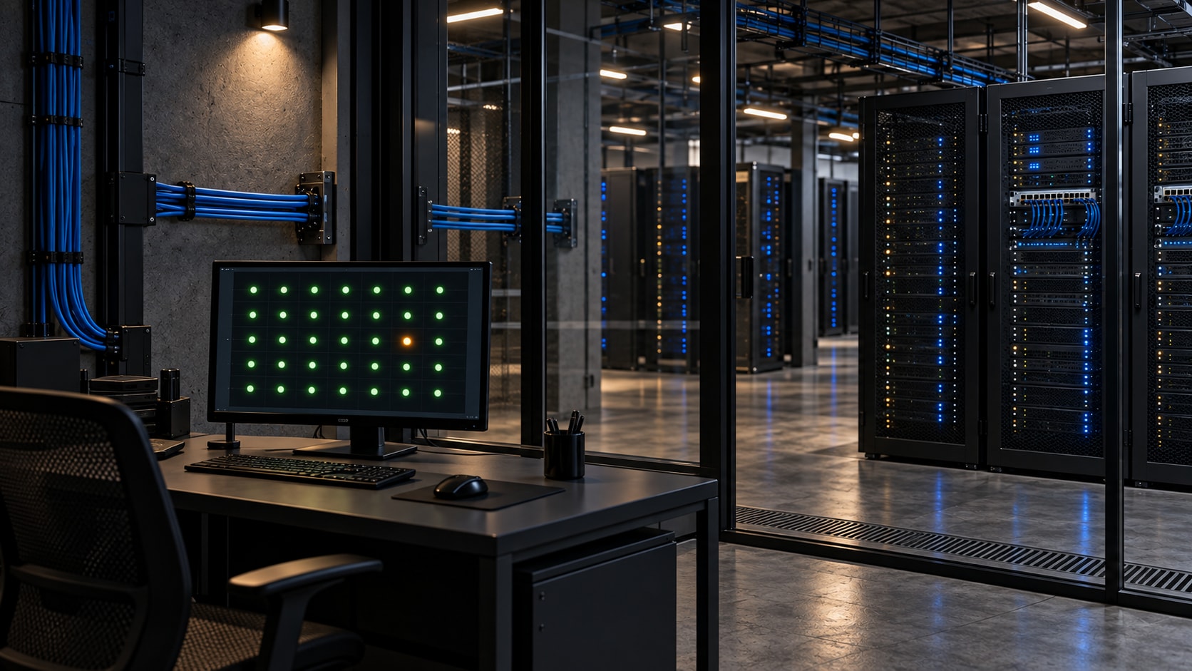 A monitoring workstation with green and amber indicators beside server racks, with blue cables crossing a glass partition.