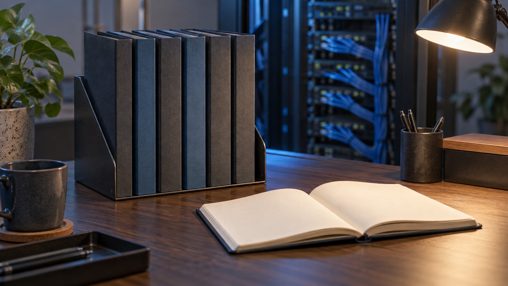A sequence of report folders in a file organiser beside an open notebook, with server equipment behind.