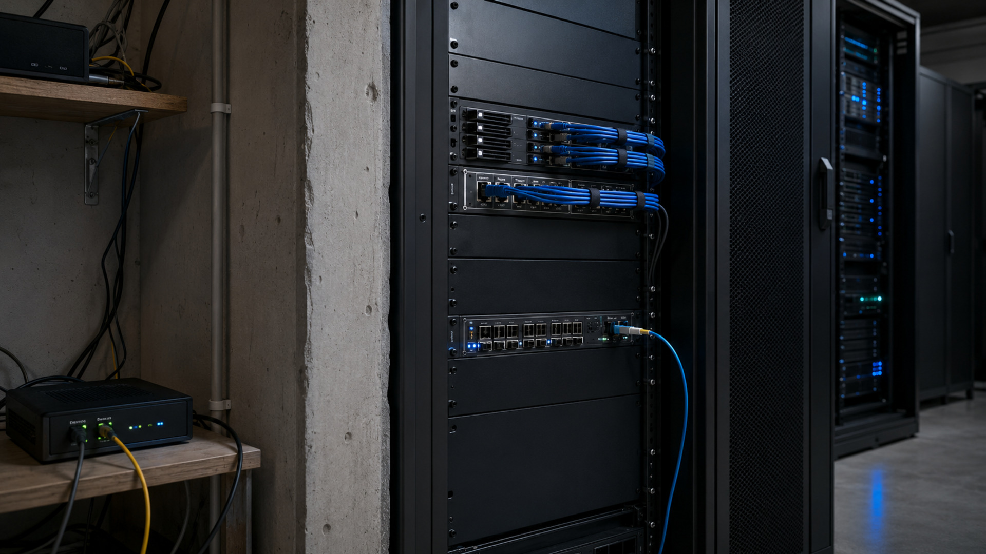 Network equipment and server racks connected with blue cabling in a data-centre room.