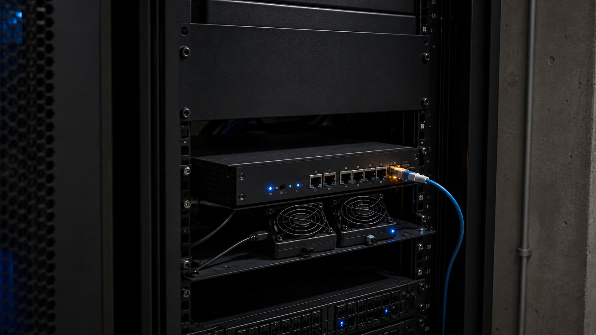 A rack-mounted network router above two compact cooling fans in a private server-room installation.