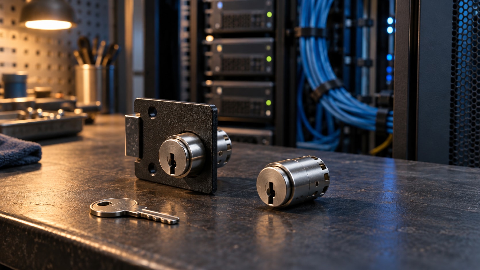 A steel key and replacement lock hardware on a workbench beside a server rack.