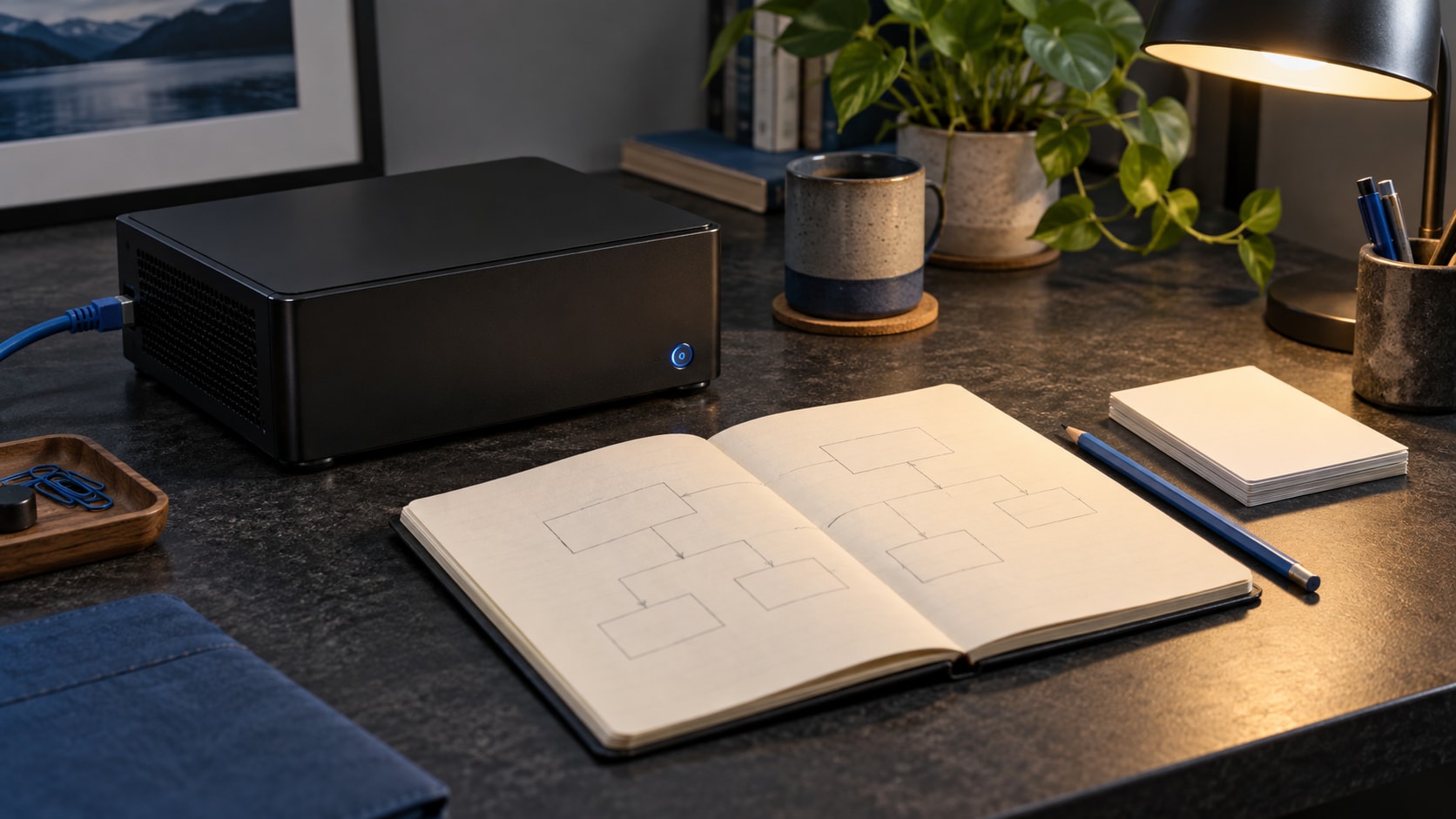 An intact computer beside an open planning notebook, blue pencil and cards on a softly lit desk.