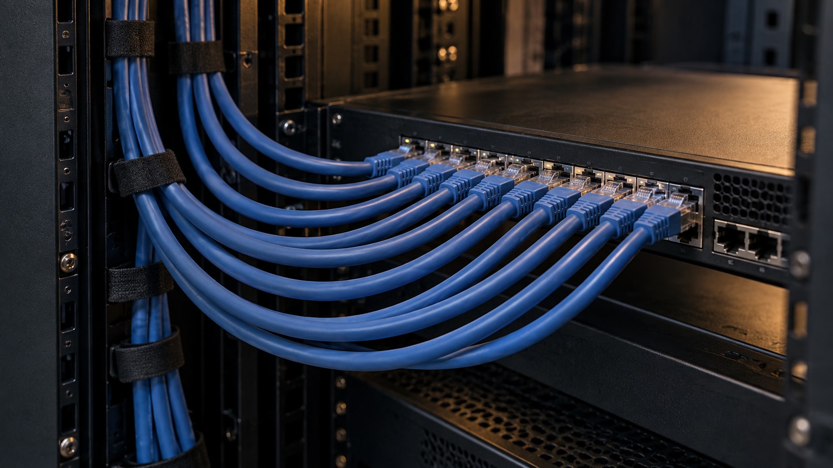 Blue network cables from separate routes converge on a single black network switch.