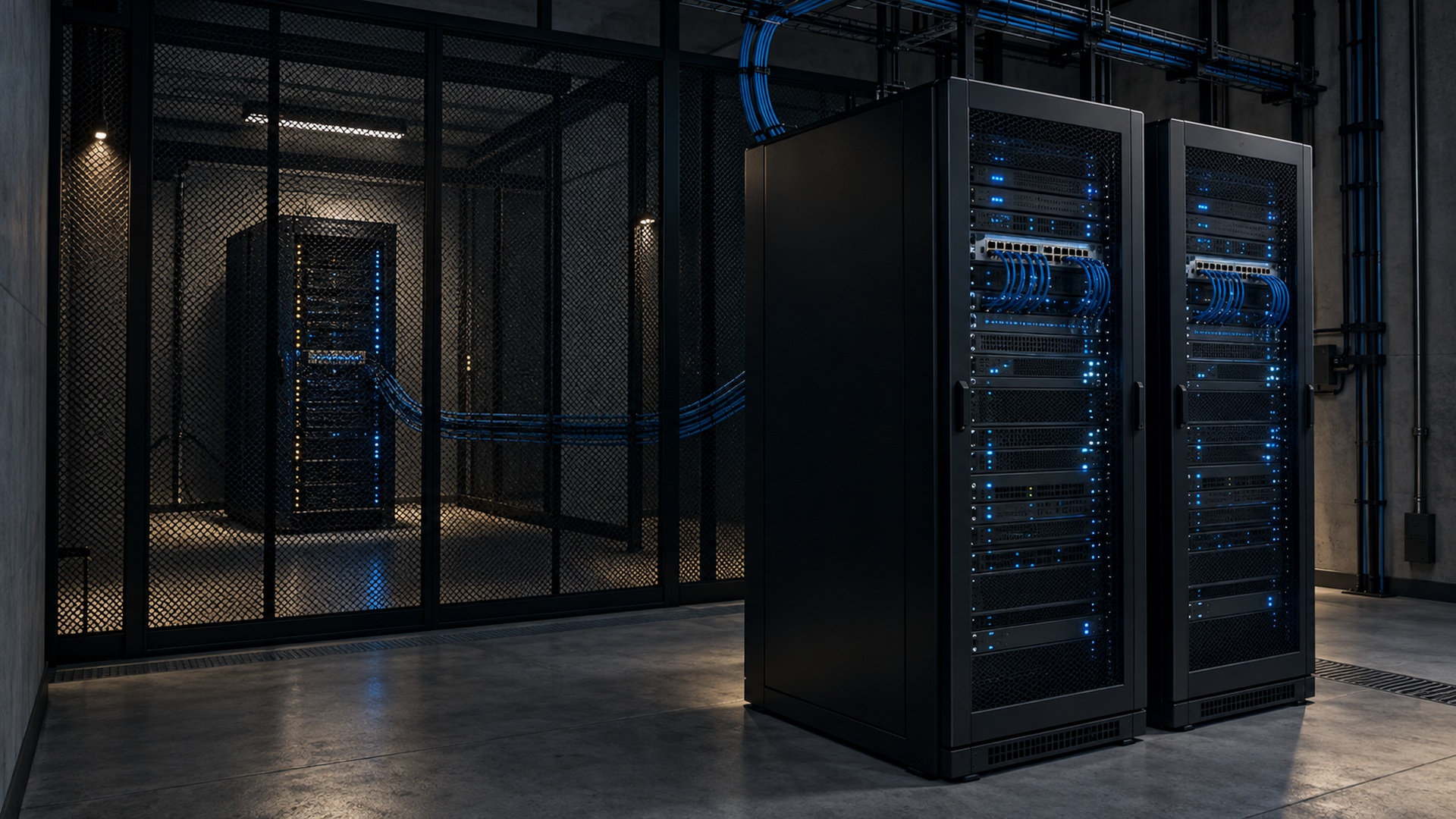A protected server rack behind mesh feeding two public-facing server cabinets through blue network cabling.