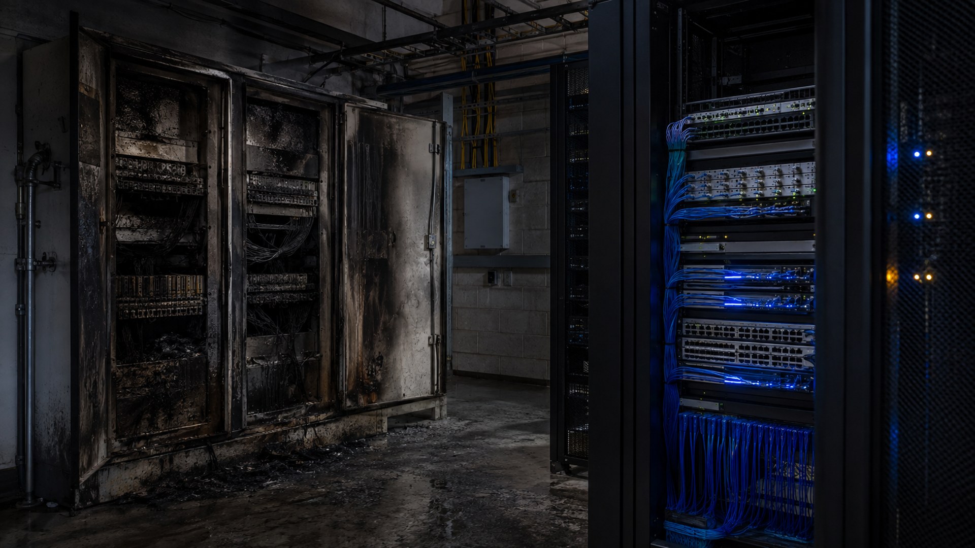 Fire-damaged telecommunications cabinets beside intact network equipment in a dark equipment room.