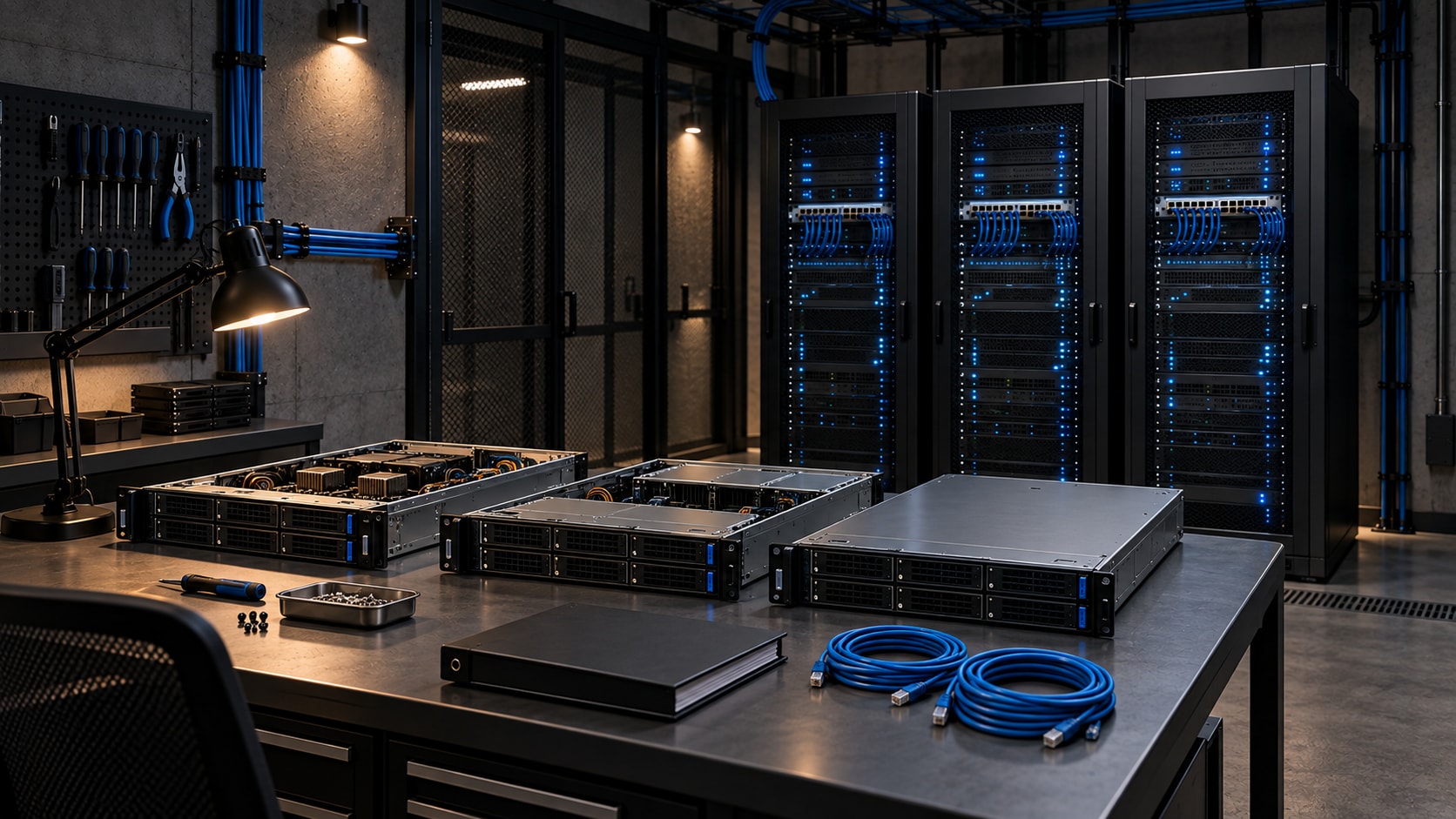 An organised workbench with rackmount server chassis and blue patch leads, with completed server racks behind it.