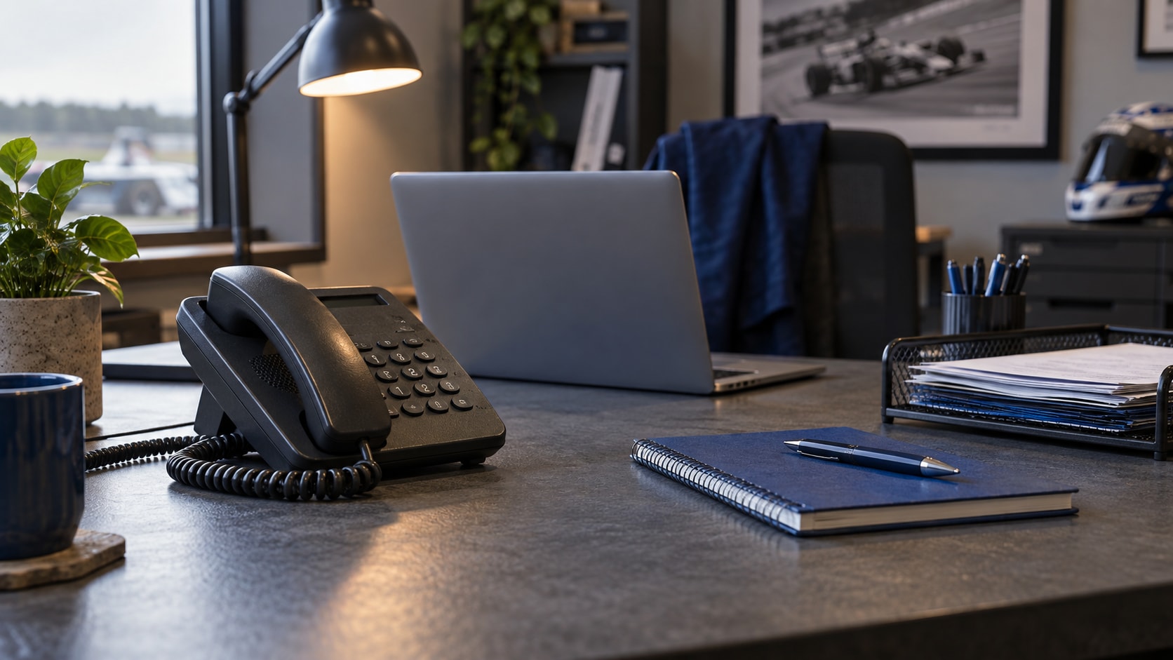 A desk telephone resting in its cradle beside a blue notebook and laptop in a quiet office workspace.