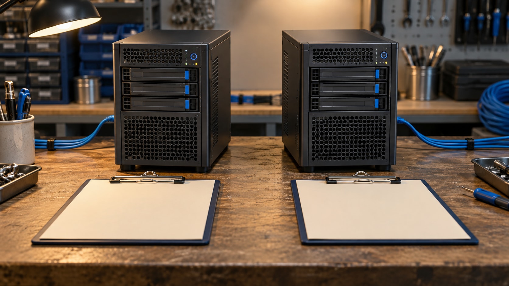 Two matching servers with separate blue network cables and inspection clipboards on a workbench.