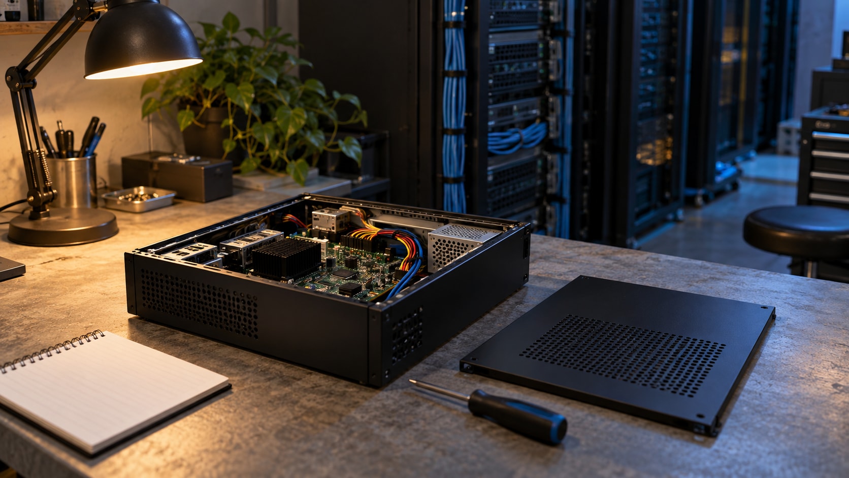A compact computer with its cover removed for inspection on a workbench beside server racks.