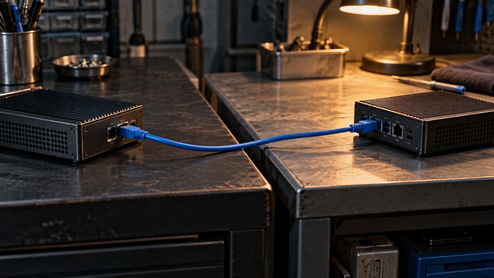 Two network appliances connected by a blue cable crossing the join between work surfaces.