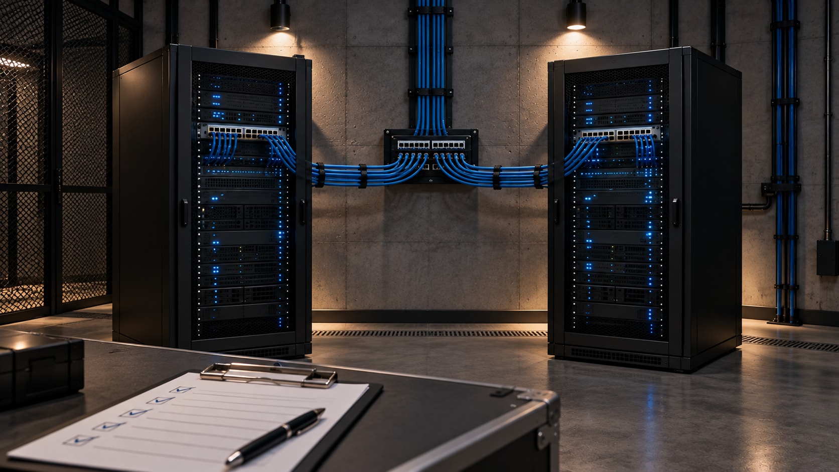 Two server cabinets connected by neatly routed blue cabling, with a checklist and pen in the foreground.