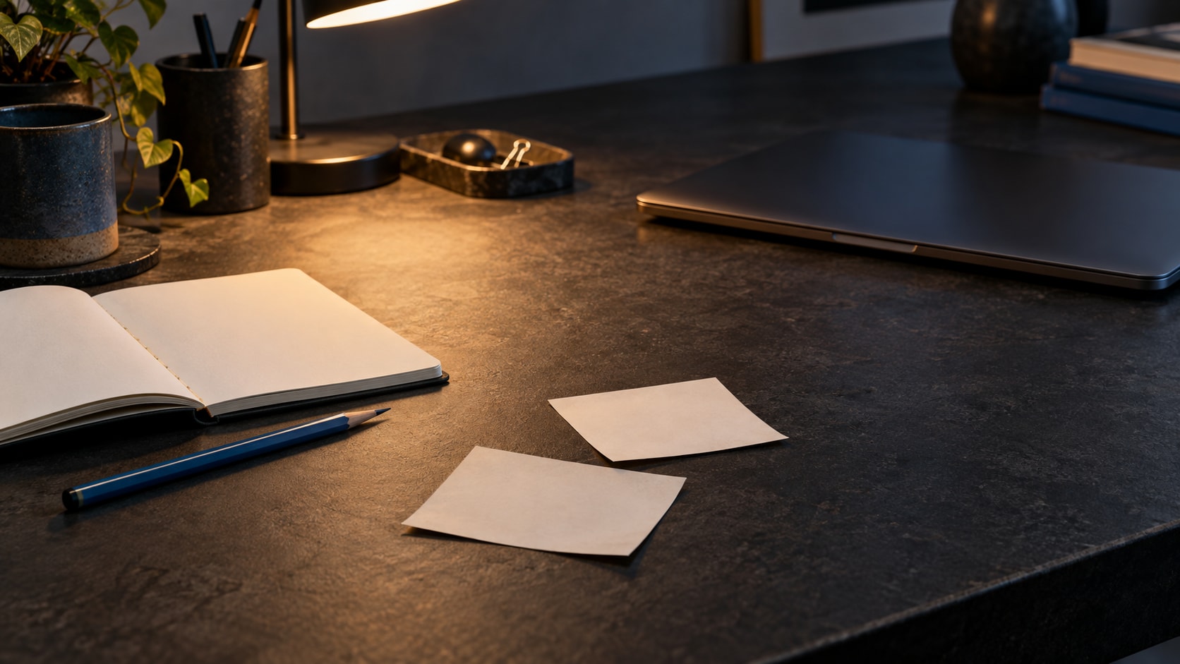 Two photographic prints lying face down beside a notebook and blue pencil on a softly lit desk.